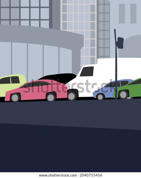 Heavy traffic in\
the city center. Сars are in a traffic jam. Vector image for\
prints, poster and\
illustrations.