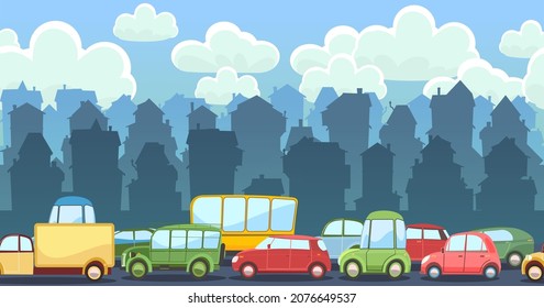 Heavy traffic on road. Seamless horizontal cartoon illustration. Asphalt path. Summer city landscape. Different cars in comic style. Vector.