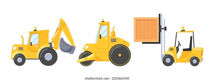 Heavy Transport for Construction Building Isolated on White Background. Modern Machinery for Work at Construction Site Backhoe Loader, Roller and Forklift Truck. Cartoon Vector Illustration