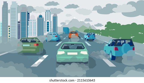 Tráfico de transporte pesado y concepto de contaminación atmosférica. Vector de coches en una carretera con nubes de dióxido de carbono