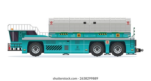 Heavy Truck containers filled with toxic waste, radioactive biological hazard vector illustration