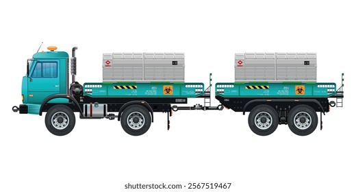 Heavy Truck with double containers filled with toxic waste, radioactive biological hazard vector illustration