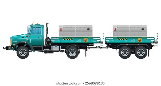 Heavy Truck with double containers filled with toxic waste, radioactive biological hazard vector illustration