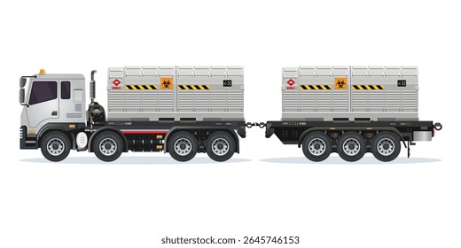 Heavy Truck with double containers filled with toxic waste, radioactive biological hazard vector illustration