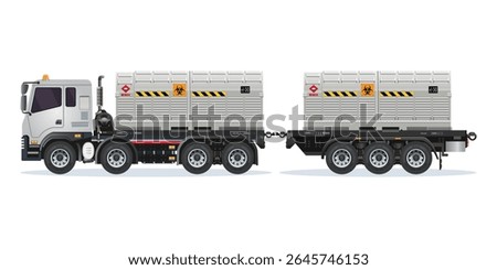 Heavy Truck with double containers filled with toxic waste, radioactive biological hazard vector illustration