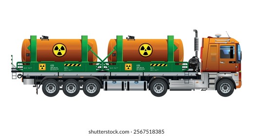 Heavy Truck with double tanks containing toxic waste radioactivity biological hazard vector illustration