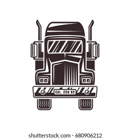 Heavy truck front view vector illustration in monochrome style isolated on white background