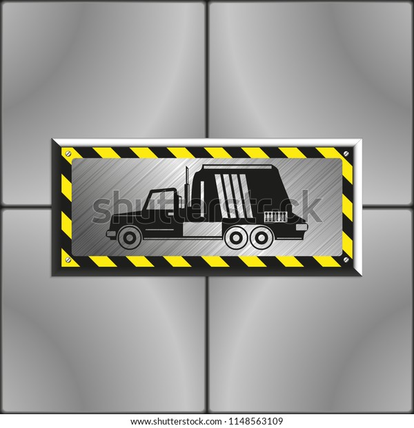 Heavy truck. Image on an\
industrial metal plate, bolted to the wall of gray slabs. Vector\
illustration.