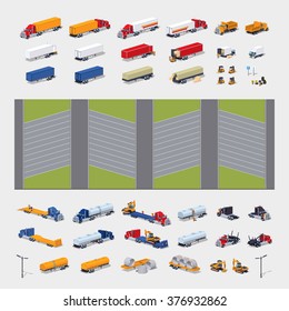 Heavy trucks parking lot isometric infographic construction set. Build your own design