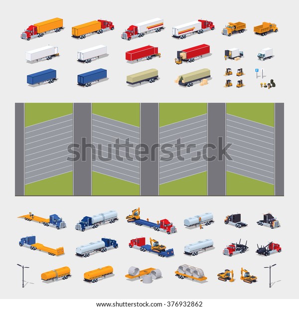 Heavy trucks parking lot isometric\
infographic construction set. Build your own\
design