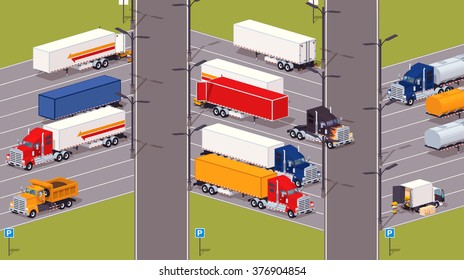 Heavy trucks parking lot. 3D lowpoly isometric vector concept illustration