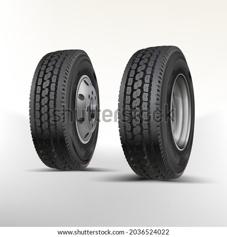 Heavy tyres isolated on white. Wheels icon on white background, vector symbol. Rubber tires. New big truck tire. Monster truck wheel. Two side isometric view.