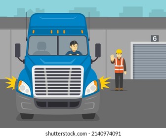 Heavy vehicle driving. Blue semi-trailer turned on hazard lights and backing. Spotter helps to reverse truck safely and shows stop gesture. Flat vector illustration template.