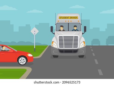 Heavy vehicle driving lesson and practice test. Instructor sitting in a truck next to a male student driver. Flat vector illustration template.