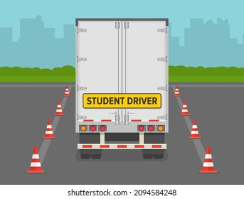 Heavy vehicle driving practice test with red cones. Student driver driving a truck. Back view. Flat vector illustration template.