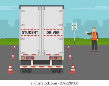 Heavy vehicle driving practice test with red cones. Student driver driving a truck. Instructor makes a stop gesture with his hand. Flat vector illustration template.