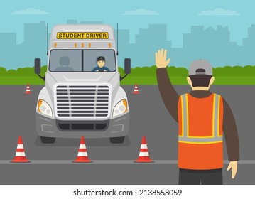 Heavy vehicle driving practice test with red cones. Student driver stopping at stop line. Instructor shows stop gesture. Flat vector illustration template.