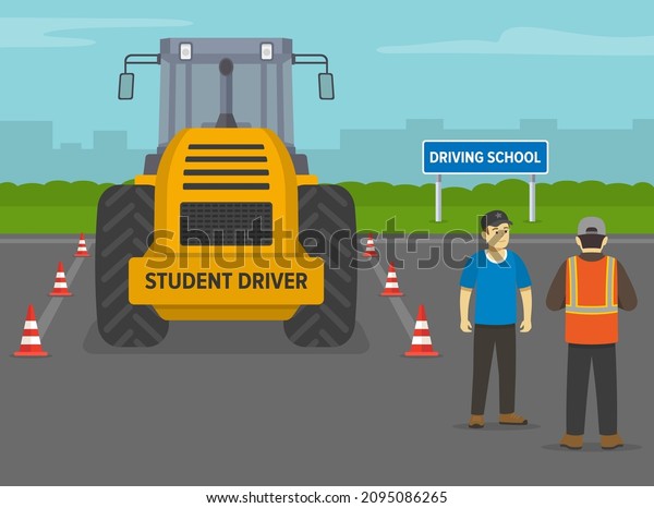 Heavy vehicle driving practice test with red\
cones. Student driver listening to his instructor after an exam.\
Instructor writing on clipboard his points. Flat vector\
illustration template.