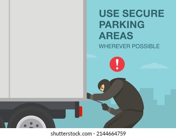 Heavy vehicle driving rules and tips. Checklist for truck drivers. A thief with a robbery mask trying to open the truck trailer. Flat vector illustration template.