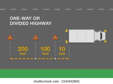 Heavy Vehicle Driving Rules And Tips. Hazard Or Warning Triangle Placement Distance. Red Breakdown Triangle Stands Behind The Broken Truck On Road Side. Flat Vector Illustration Template.