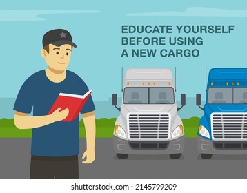 Heavy vehicle driving rules and tips. Checklist for truck drivers. Educate yourself before using a new cargo. Semi-trailer driver reading a book. Flat vector illustration template.