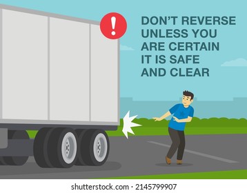 Heavy vehicle driving rules and tips. Checklist for truck drivers. Safe driving. Do not reverse unless you are certain it is safe and clear. Flat vector illustration template.