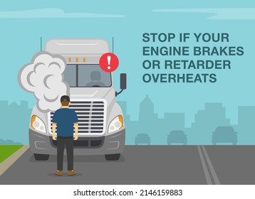 Heavy vehicle driving rules and tips. Checklist for truck drivers. Stop if engine brakes or retarder overheats. Semi-trailer driver looking at smoking engine. Flat vector illustration template.