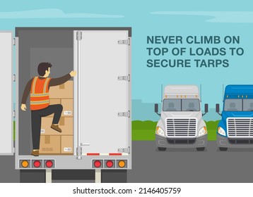 Heavy vehicle driving rules and tips. Checklist for truck drivers. Never climb on top of loads to secure tarps. Semi-trailer loaded with cardboard boxes. Flat vector illustration template.