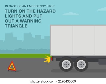 Heavy Vehicle Driving Rules And Tips. In Case Of Emergency Stop Put Out A Warning Triangle. Red Breakdown Triangle Stands Behind The Broken Truck On Road Side. Flat Vector Illustration Template.