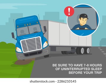 Heavy vehicle driving rules and tips. Semi-trailer loses control and gets stuck after driver falling asleep while driving. Flat vector illustration template.