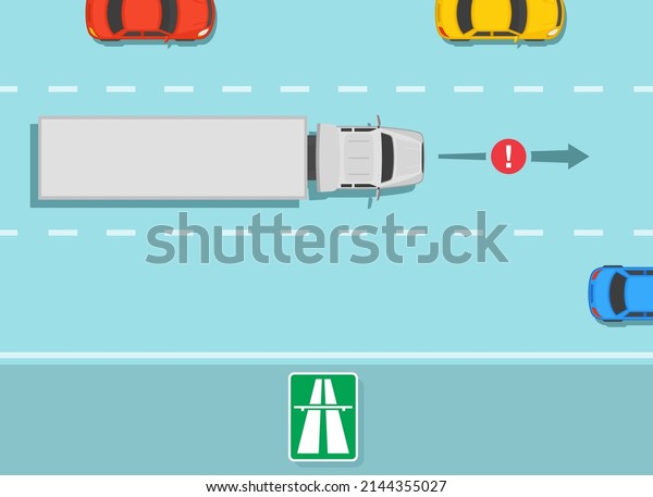 Heavy vehicle driving rules and tips. Slower
traffic keep right except to pass. Trucks use right lane. Flat
vector illustration
template.