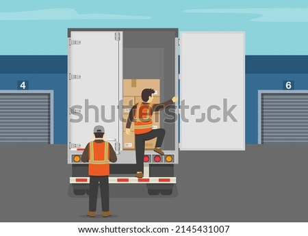 Heavy vehicle driving. Semi-trailer  loaded with cardboard boxes. Unloading process at warehouse. Freight control service. Truck trailer rear view. Flat vector illustration template.