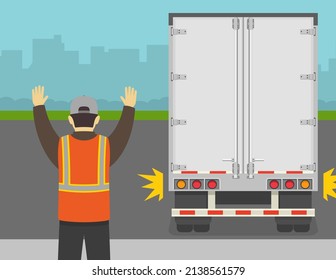 Heavy vehicle driving. Semi-trailer turned on hazard lights and moving backward. Worker helps to reverse safely and shows stop gesture. Flat vector illustration template.