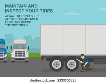 Consejos y reglas de conducción de vehículos pesados. Lista de verificación para los conductores de camiones. Mantener e inspeccionar neumáticos. Conductor de semirremolque revisando los neumáticos. Plantilla de ilustración vectorial plana.