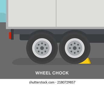 Heavy vehicle driving tips and safety rules. Close-up view of wheel stopper or chock. Flat vector illustration template. svg