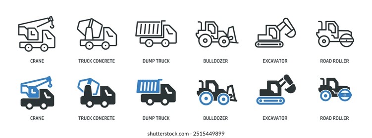 Schwere Fahrzeug Linie und Glyphe Solid Icons Sammlung. Minimale Symbol- und Symbolreihen, Vektorgrafik