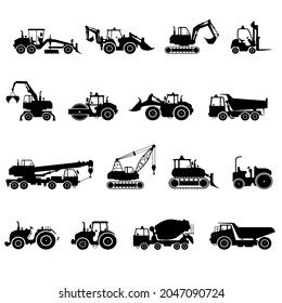 Heavy vehicles black and white flat icon collection vector set