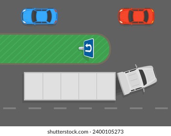 Heavy vehicles driving tips and traffic regulation rules. Top view of a truck making a u-turn on highway. Flat vector illustration template.