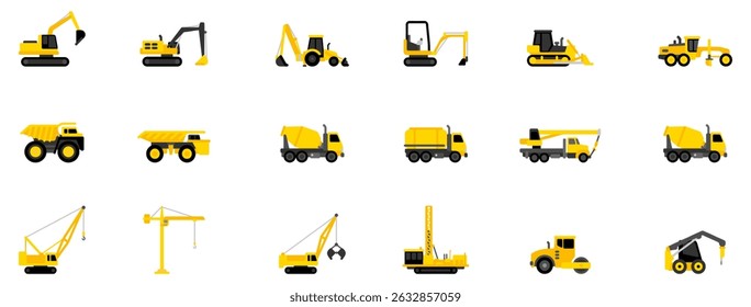 Heavy vehicles icon set. Construction vehicle icon. Simple large construction vehicle. Vector Illustration. EPS 10