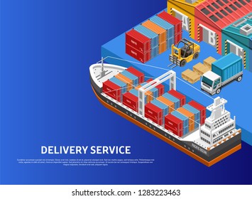 Heavy vehicles loading huge freight ship with containers in modern cargo port near warehouses