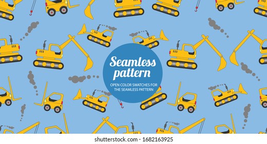 Heavy vehicles yellow seamless pattern vector graphic for kids