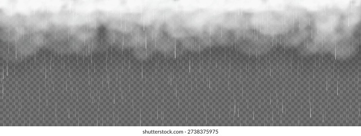 Heavy vertical rainfall and white clouds. Vector illustration of summer or autumn atmospheric precipitation with realistic raindrops and storm clouds isolated on grey checkered background.