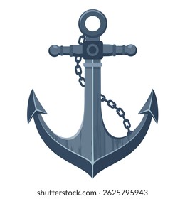 Heavy vintage marine anchor with chain. An iron anchor with a scarred texture and a heavy chain. Illustrated vector clipart. Hand draw no ai.