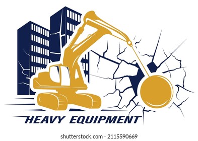Heavy wall breaking tractor, demolition machine against back of old multi storey buildings. Emblem for construction equipment rental company. Isolated vector on white