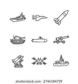 Heavy War Weapons icons set Outline Doodle illustration