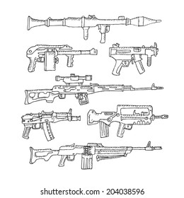 Heavy weapons in doodle style. Isolated on a white background. Vector.