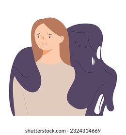 A heavy weight hangs over a woman's shoulder. simple vector illustration.
