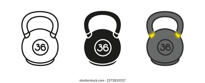 Heavy weight icon. Kettlebell with KG sign. Lifting weights symbol. Dumbbell 36 kilogram vector illustration. Bodybuilding gym equipment pictogram. Strength sport training fitness concept isolated.