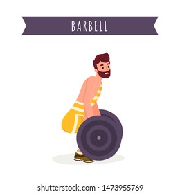 Heavy weight lifting flat vector illustration. Young bodybuilder in sportswear, professional athlete working out with barbell cartoon character. Back muscles training, powerlifting contest banner