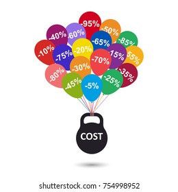 Heavy weight pull up balloons. Business concept: price reduced, clearance and discount. Minus percent. Vector illustration.
